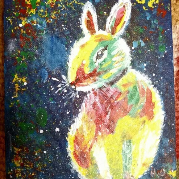 Original Rabbit Small Canvas Pop Art Abstract Acrylic Painting 8"×6" - Picture 1 of 6